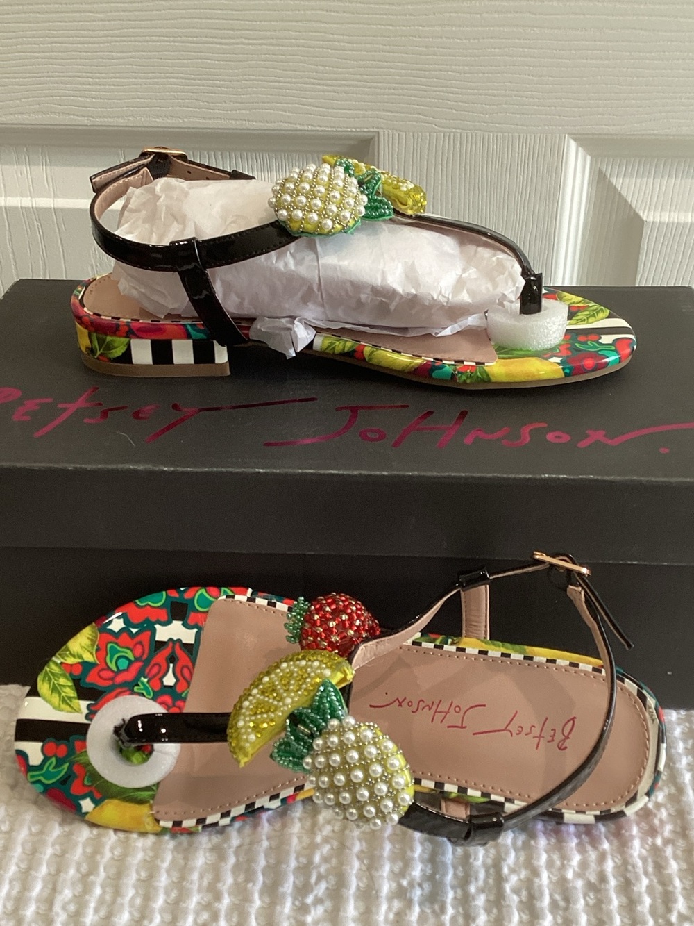 Betsey Johnson Black T-Strap Sandals with Yellow & Red Beaded Fruit Accents